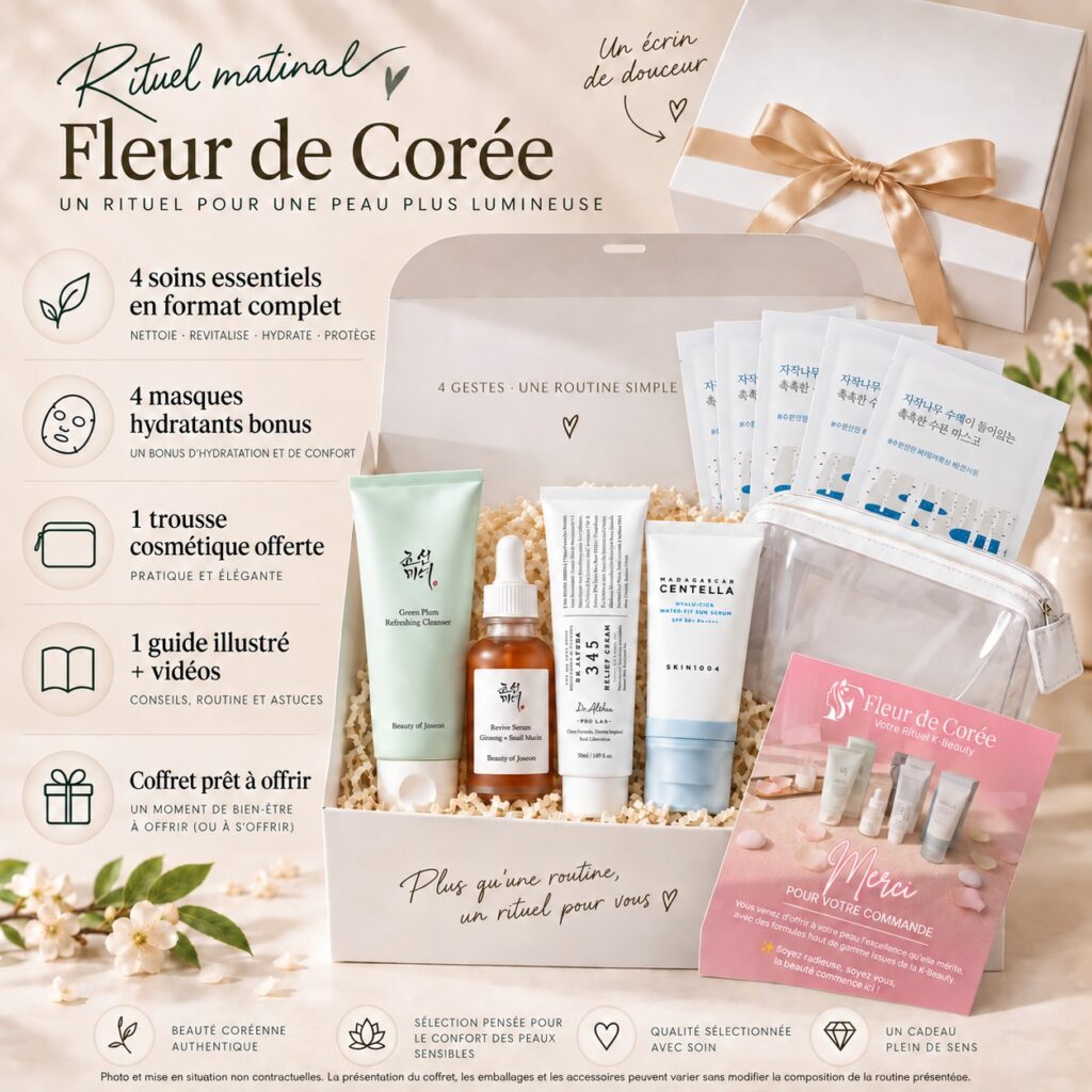 Coffret Rituel Matinal Fleur de Corée avec quatre soins, quatre masques Round Lab, trousse cosmétique et guide illustré.