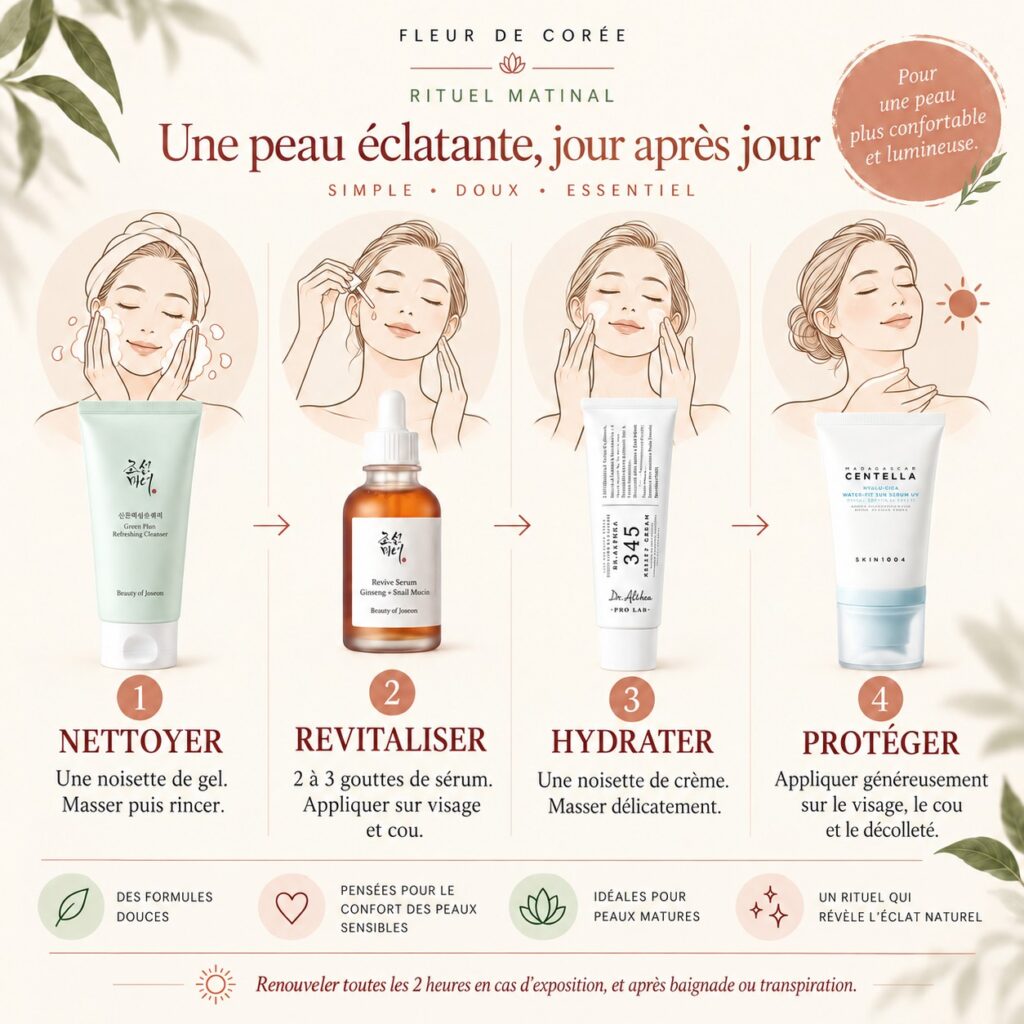 Mode d’emploi du Rituel Matinal Fleur de Corée en quatre étapes : nettoyer, revitaliser, hydrater et protéger.