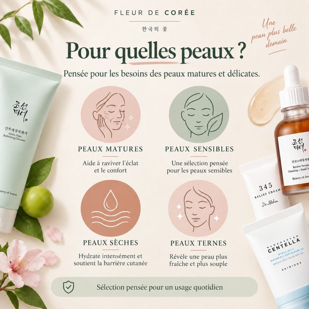 Rituel Matinal Fleur de Corée pour peaux matures, sensibles, sèches ou ternes, avec quatre soins sélectionnés pour un usage quotidien.