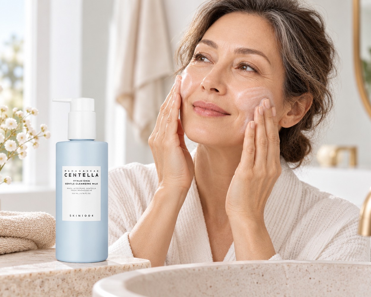 Femme à la peau mature massant délicatement une fine couche de SKIN1004 Gentle Cleansing Milk sur son visage