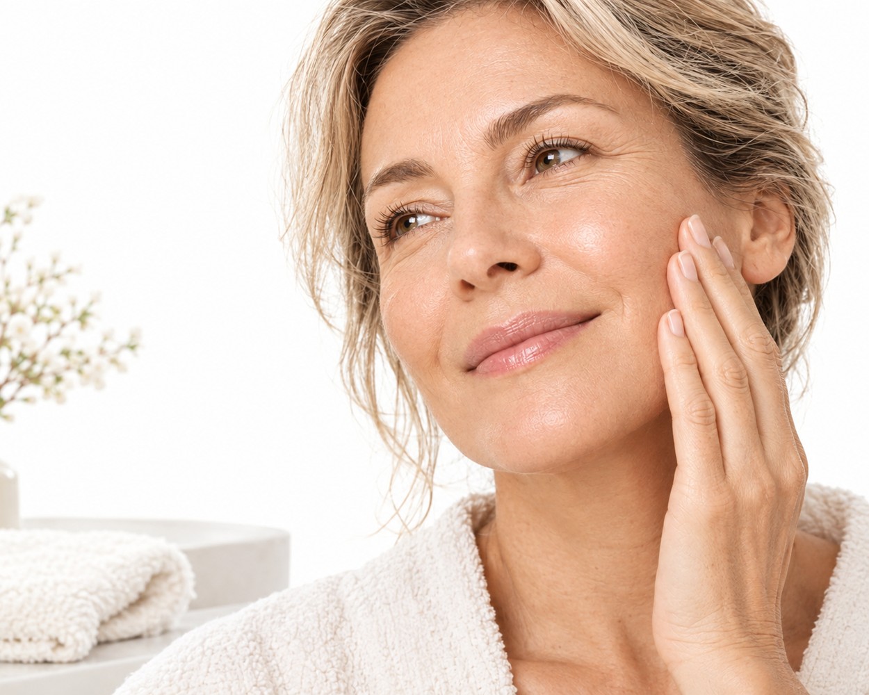 Portrait d’une femme à la peau mature touchant sa joue après un nettoyage doux