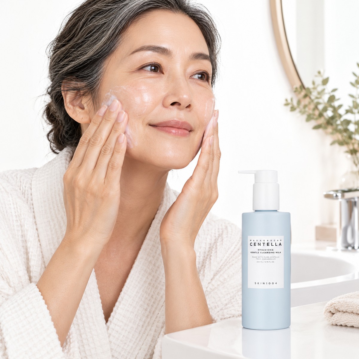 Femme à la peau mature massant une fine couche de lait nettoyant près du flacon SKIN1004 Gentle Cleansing Milk