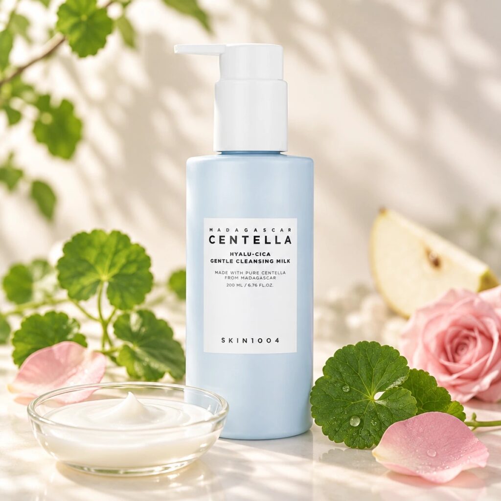 Flacon bleu du lait nettoyant SKIN1004 Hyalu-Cica Gentle Cleansing Milk présenté debout dans un décor naturel clair avec une texture de lait