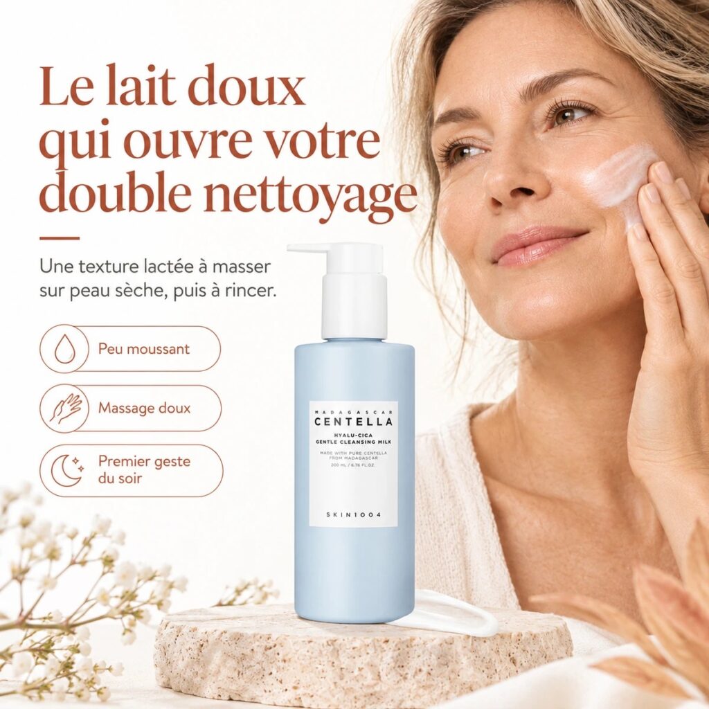 Présentation du lait nettoyant SKIN1004 Gentle Cleansing Milk comme première étape douce du démaquillage du soir