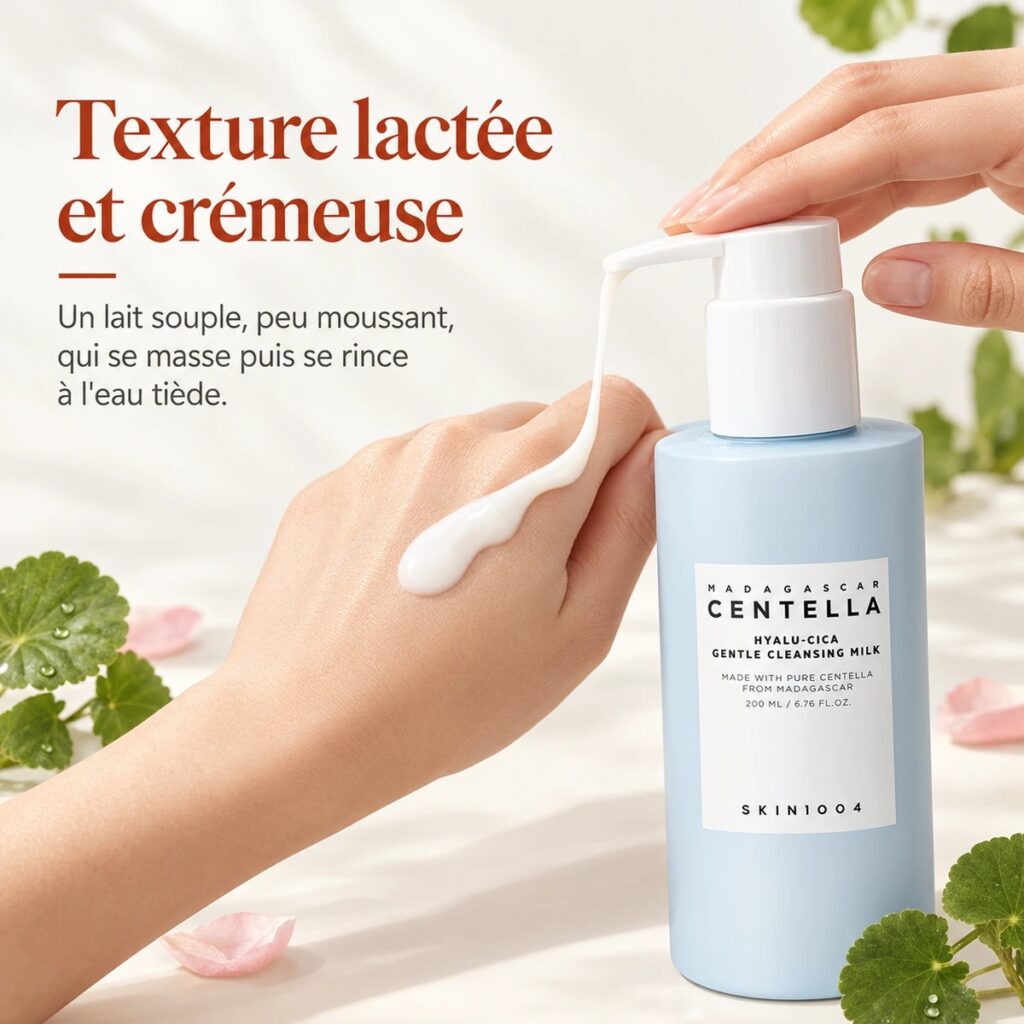Texture lactée fluide du SKIN1004 Gentle Cleansing Milk présentée près de son flacon bleu