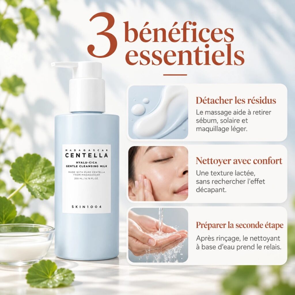 Trois bénéfices du SKIN1004 Gentle Cleansing Milk : démaquiller en douceur, préserver le confort et préparer le double nettoyage