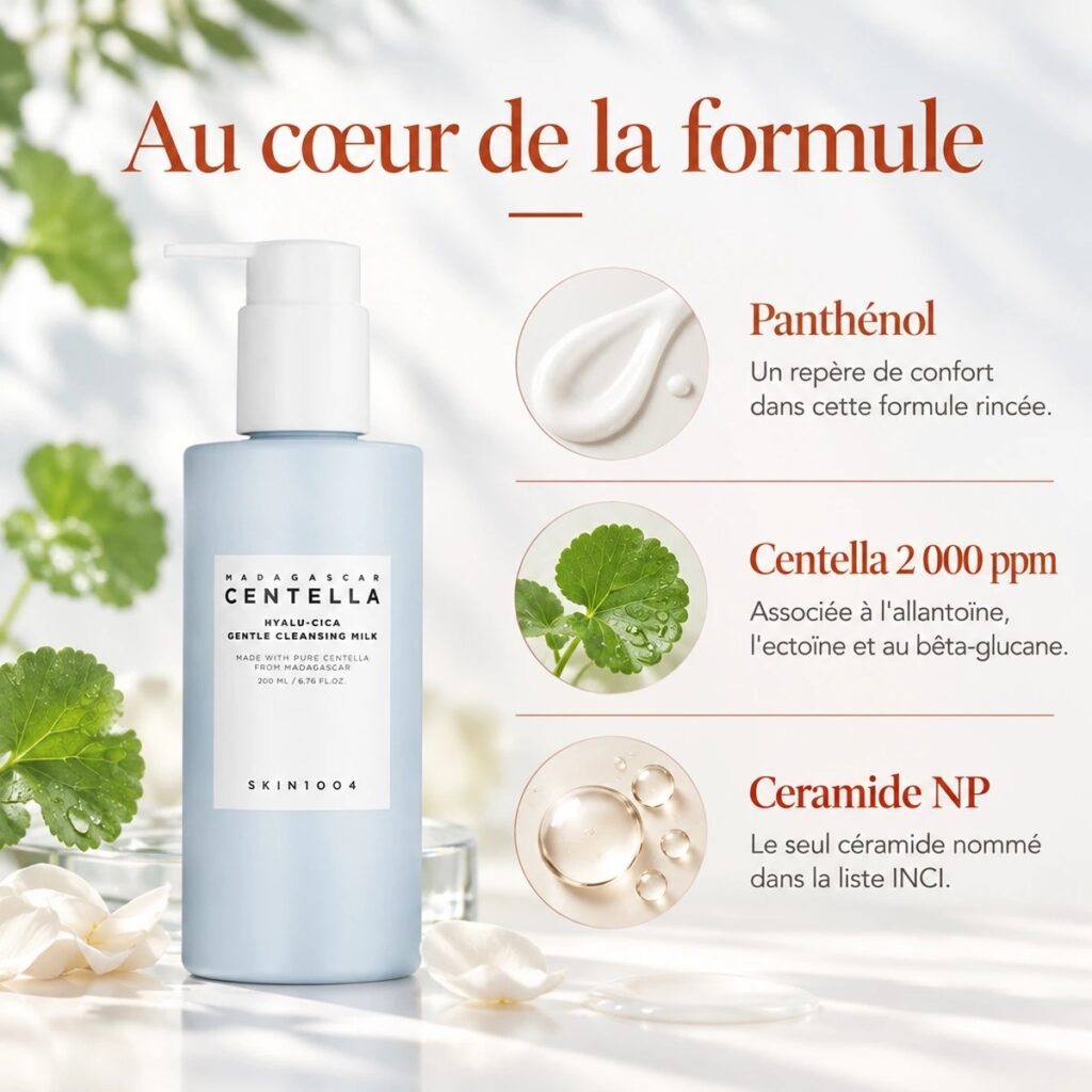 Centella asiatica, panthénol et actifs apaisants présentés autour du lait nettoyant SKIN1004 Gentle Cleansing Milk