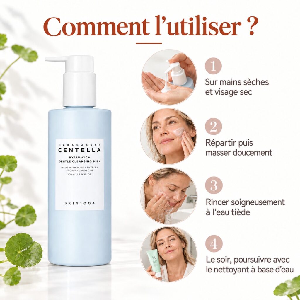 Mode d’emploi du SKIN1004 Gentle Cleansing Milk en quatre étapes, suivi le soir du nettoyant Green Plum Beauty of Joseon
