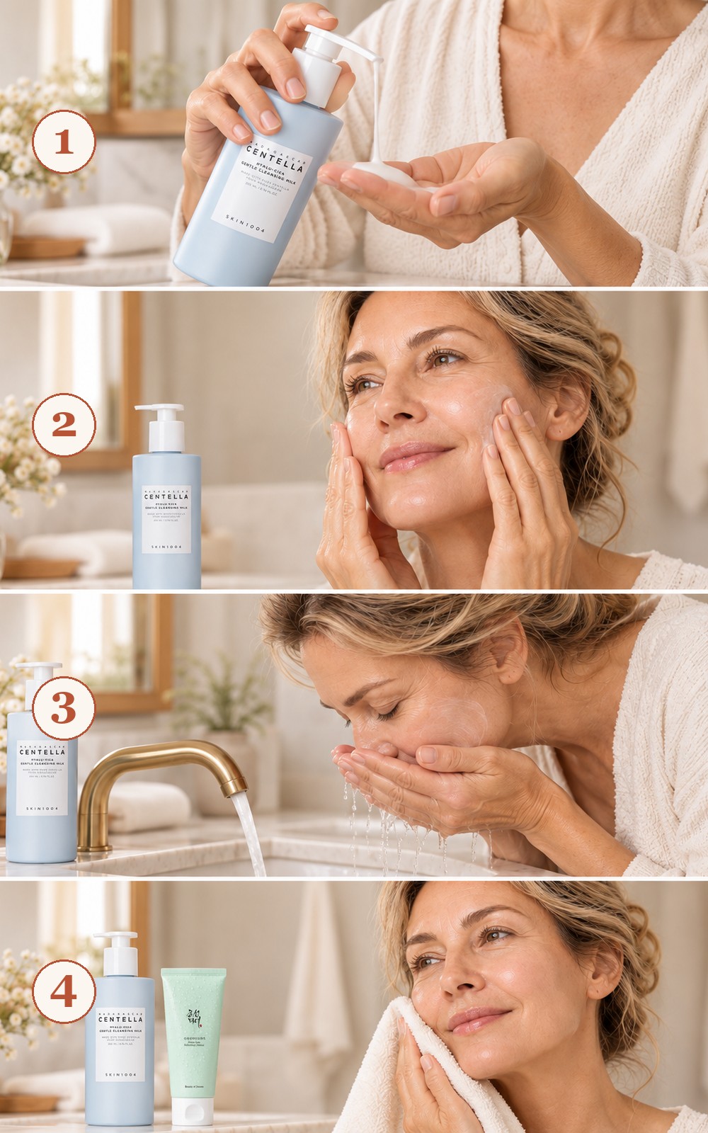 Tutoriel en quatre images montrant la pompe, le massage, le rinçage puis le nettoyant Green Plum après le SKIN1004 Gentle Cleansing Milk