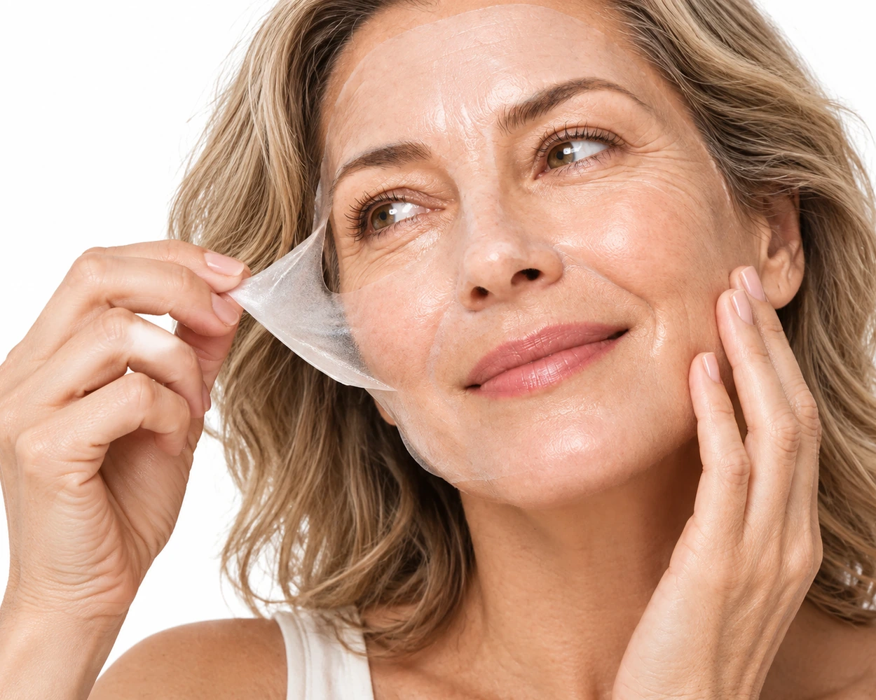 Femme retirant délicatement un masque tissu translucide de sa joue
