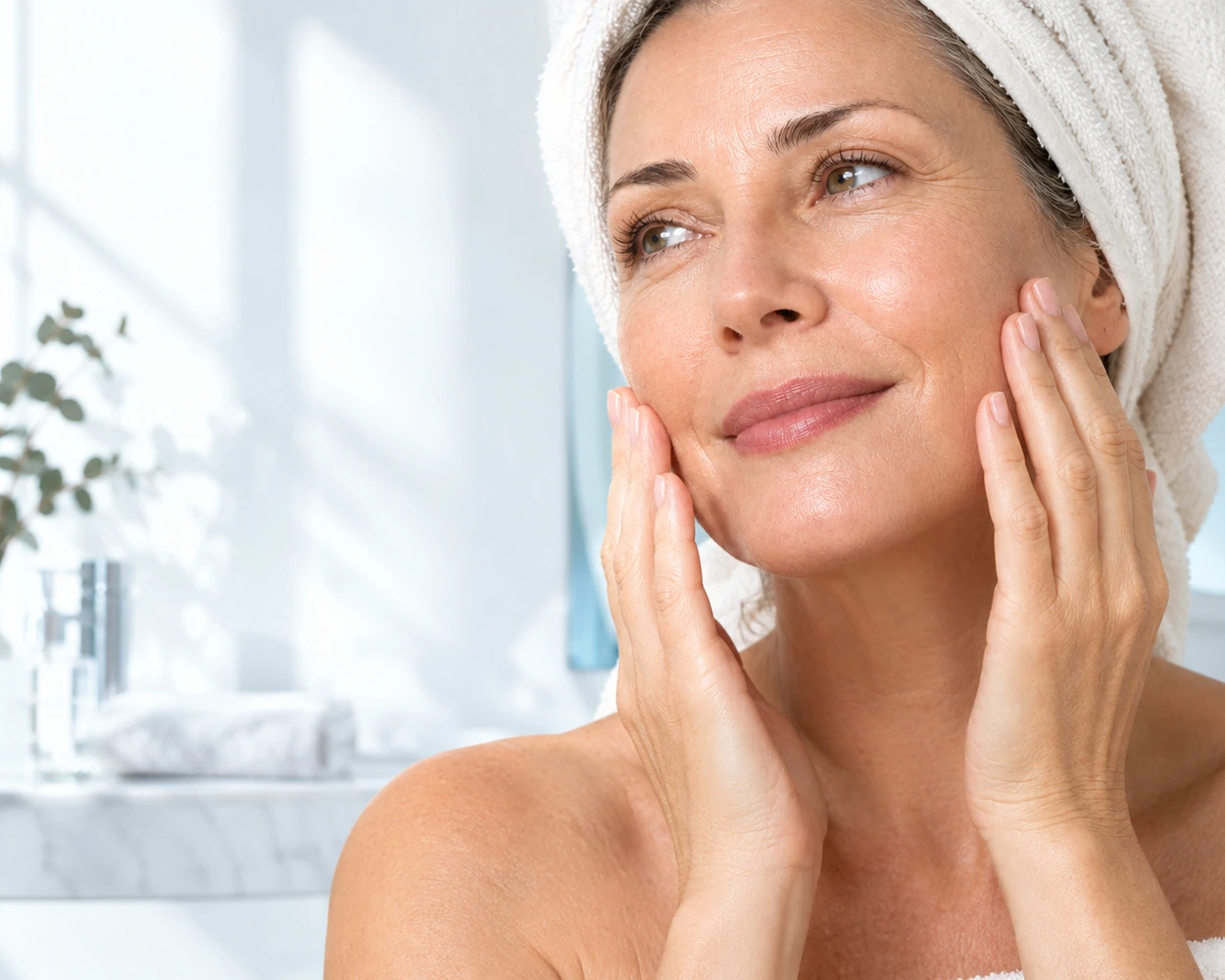 Femme à la peau mature tapotant son visage après le retrait d’un masque tissu