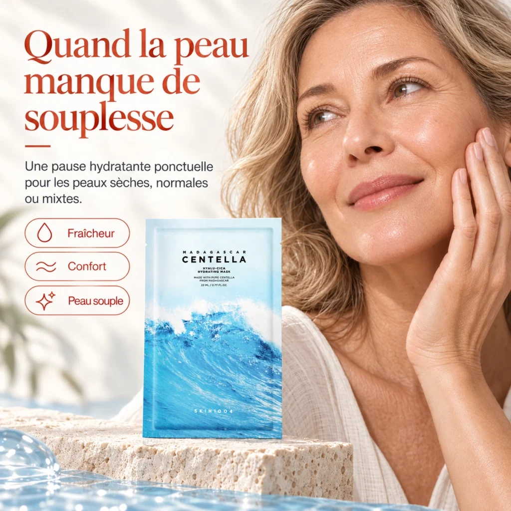 Femme à la peau mature touchant sa joue près du masque SKIN1004 Hyalu-Cica Hydrating Mask