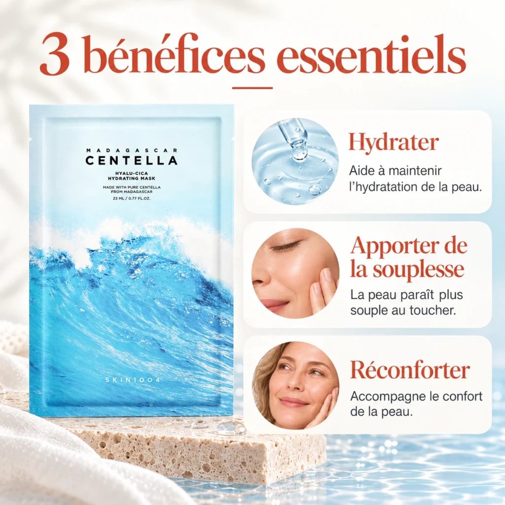 Trois bénéfices du masque SKIN1004 Hyalu-Cica Hydrating Mask : hydrater, apporter de la souplesse et réconforter