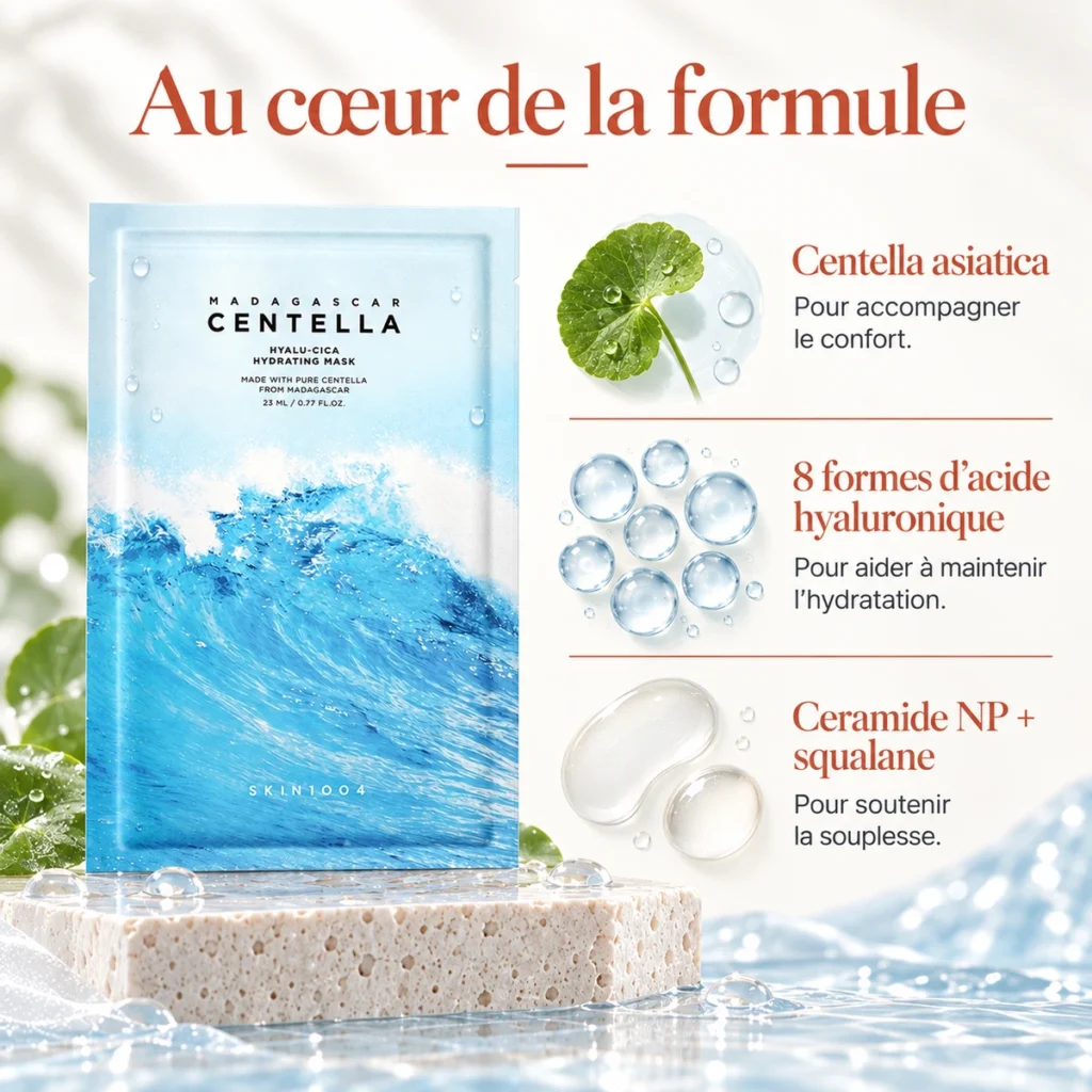 Centella asiatica, huit formes d’acide hyaluronique, Ceramide NP et squalane autour du masque SKIN1004 Hyalu-Cica