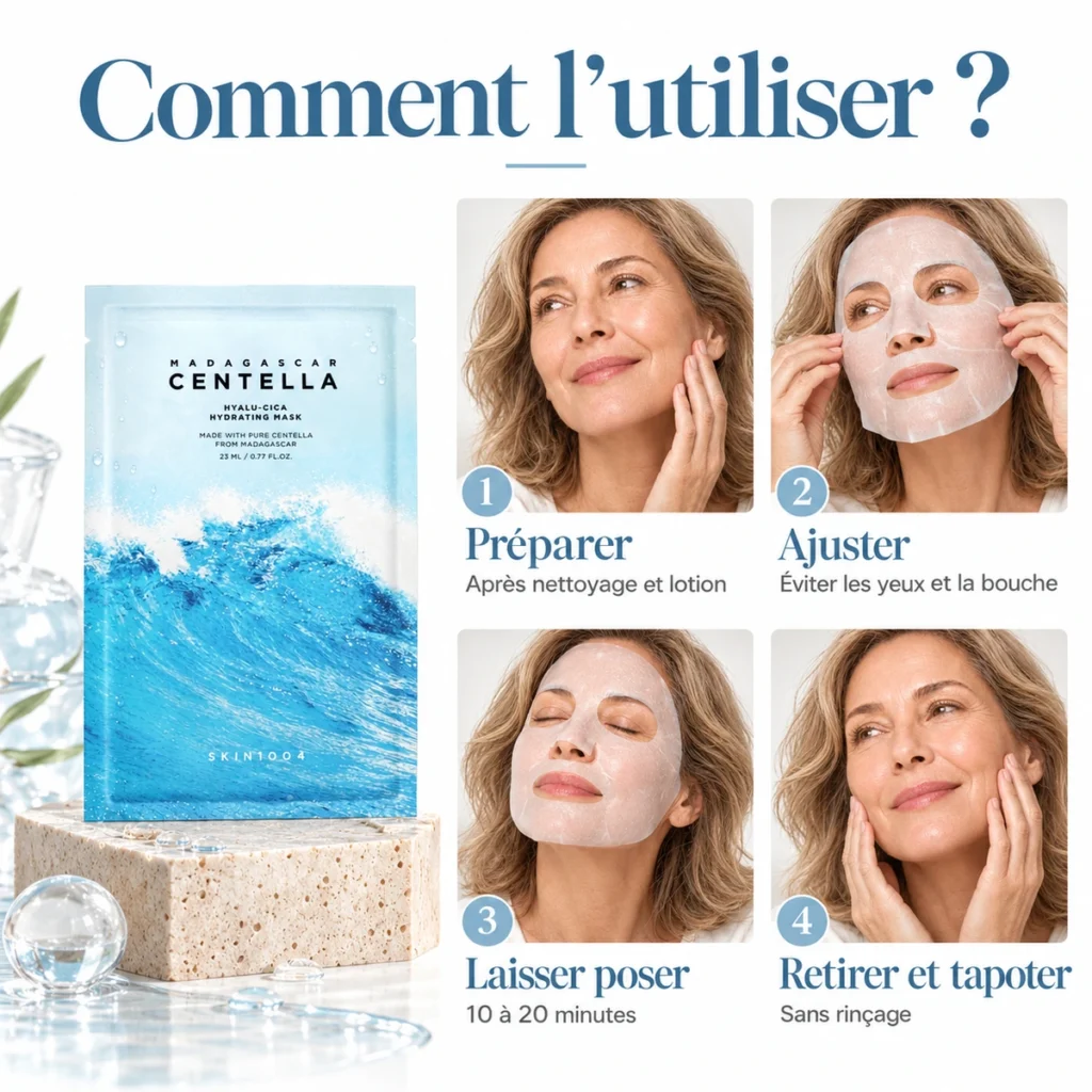 Mode d’emploi du masque SKIN1004 Hyalu-Cica : préparer, ajuster, laisser poser puis retirer et tapoter