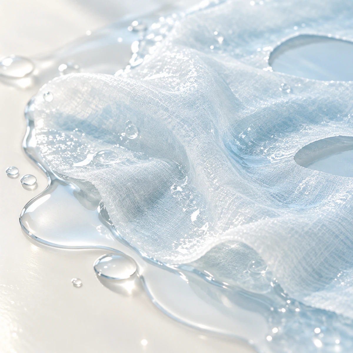 Gros plan sur un masque tissu water-jelly translucide imprégné d’une essence aqueuse