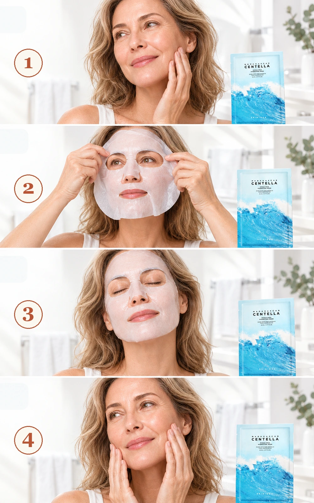 Quatre étapes d’utilisation du masque SKIN1004 Hyalu-Cica : préparer, poser, laisser agir puis tapoter