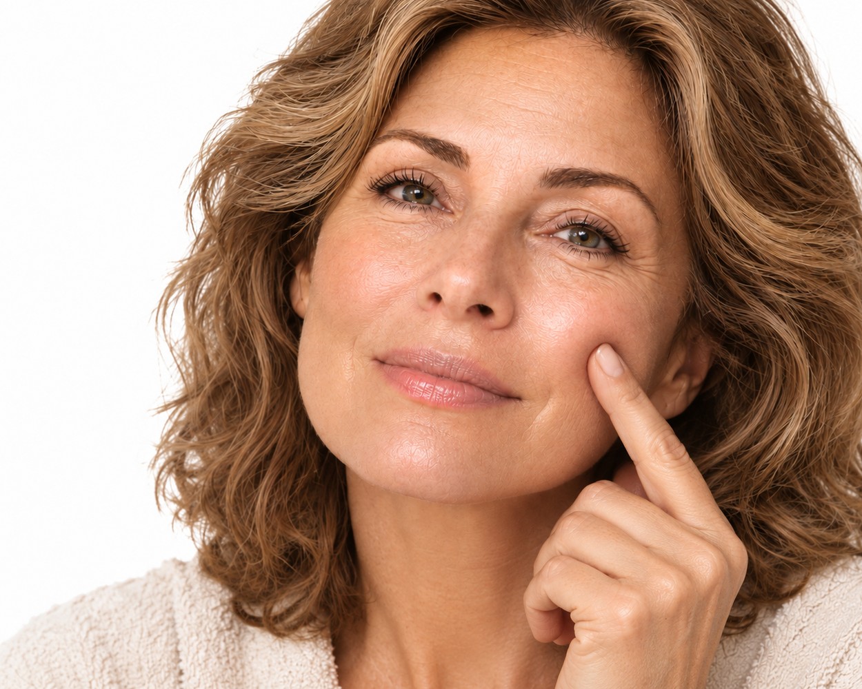 Femme pressant légèrement sa pommette pour illustrer l’aspect souple et rebondi après le masque SKIN1004 Probio-Cica