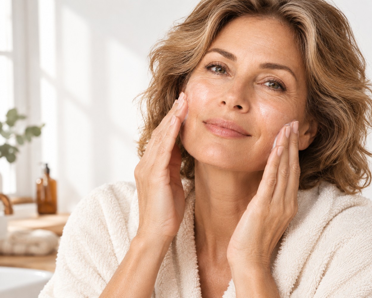 Femme tapotant ses joues après avoir retiré le masque tissu SKIN1004 Probio-Cica