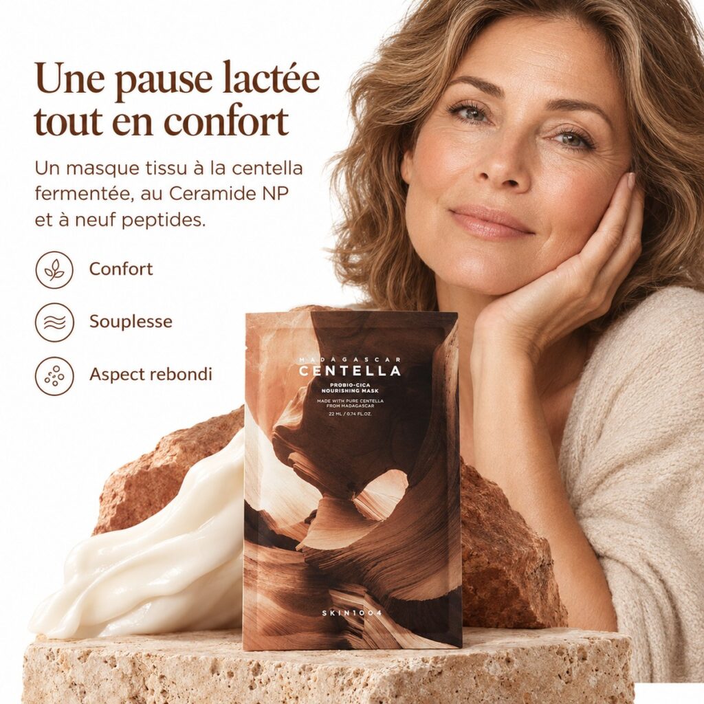 Présentation du masque SKIN1004 Probio-Cica Nourishing Mask pour le confort, la souplesse et un aspect rebondi