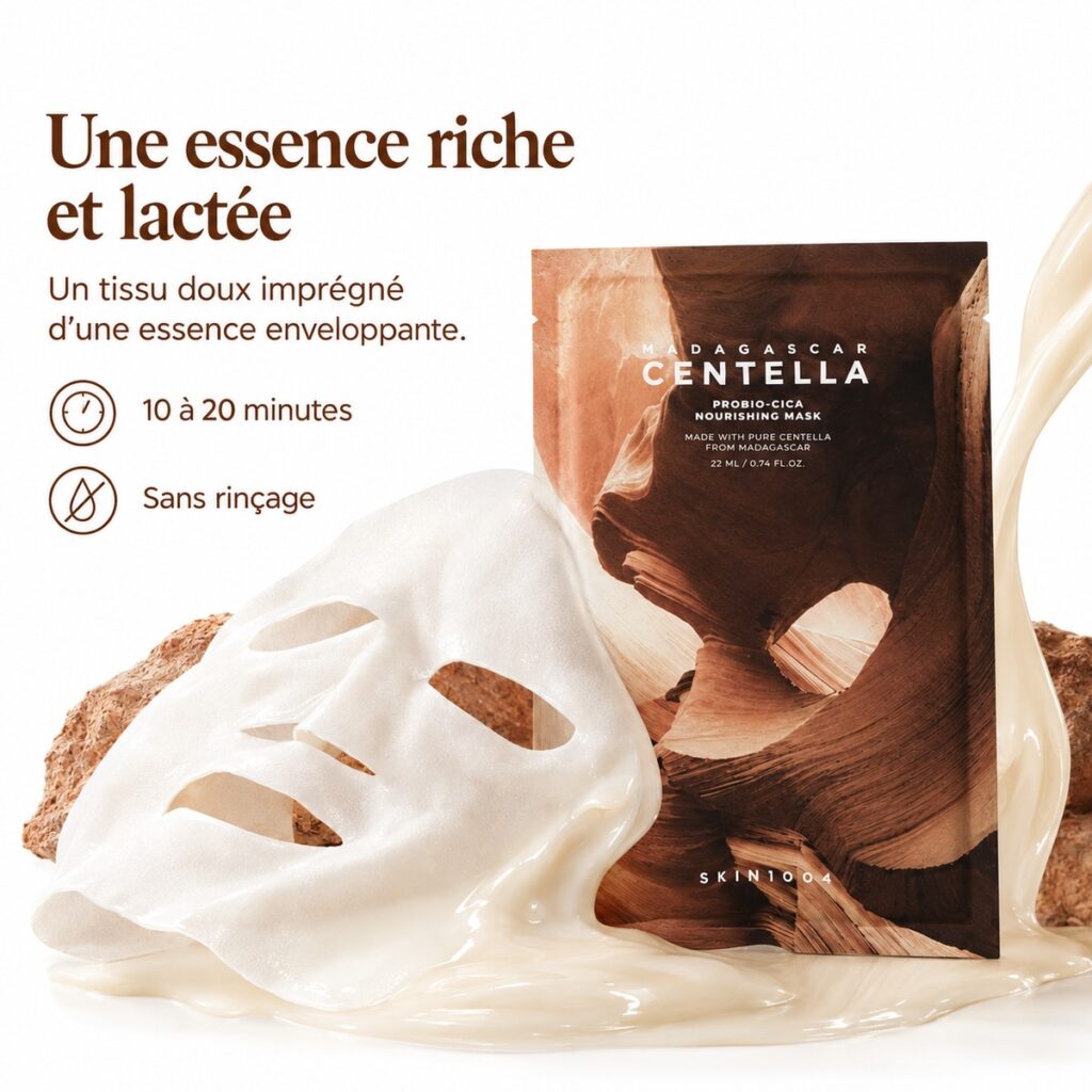 Masque tissu et essence lactée présentés avec le sachet SKIN1004 Probio-Cica Nourishing Mask
