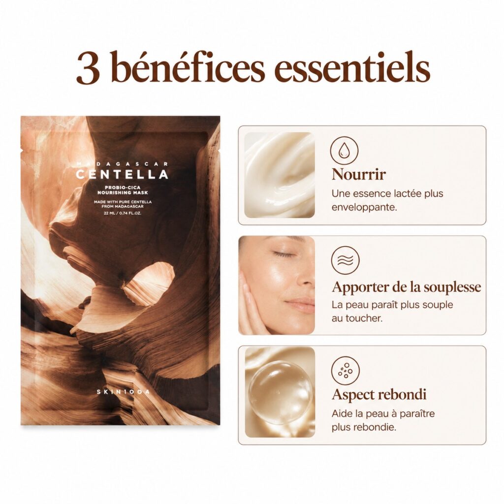 Trois bénéfices du masque SKIN1004 Probio-Cica : nourrir, apporter de la souplesse et favoriser un aspect rebondi