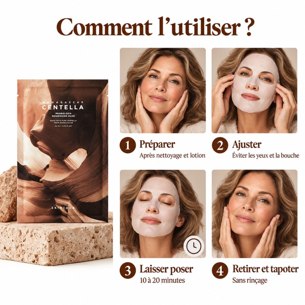 Mode d’emploi du masque SKIN1004 Probio-Cica : préparer la peau, ajuster, laisser poser puis retirer et tapoter