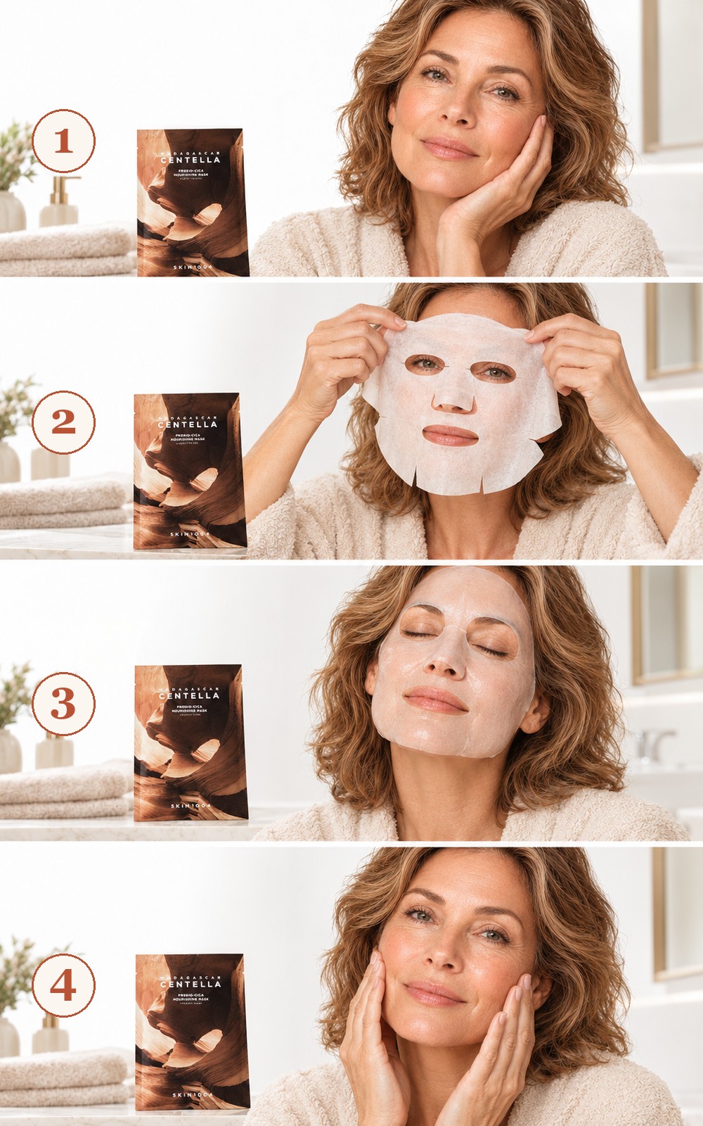 Tutoriel en quatre images montrant la préparation, l’application, la pose et le retrait du masque SKIN1004 Probio-Cica
