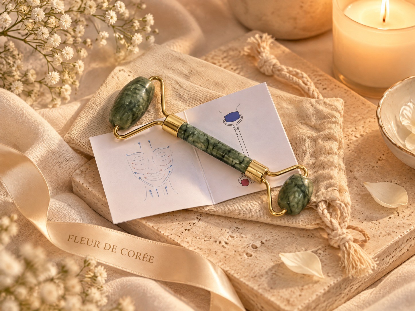 Rouleau de massage en jade vert offert, posé sur sa pochette en coton avec sa notice.