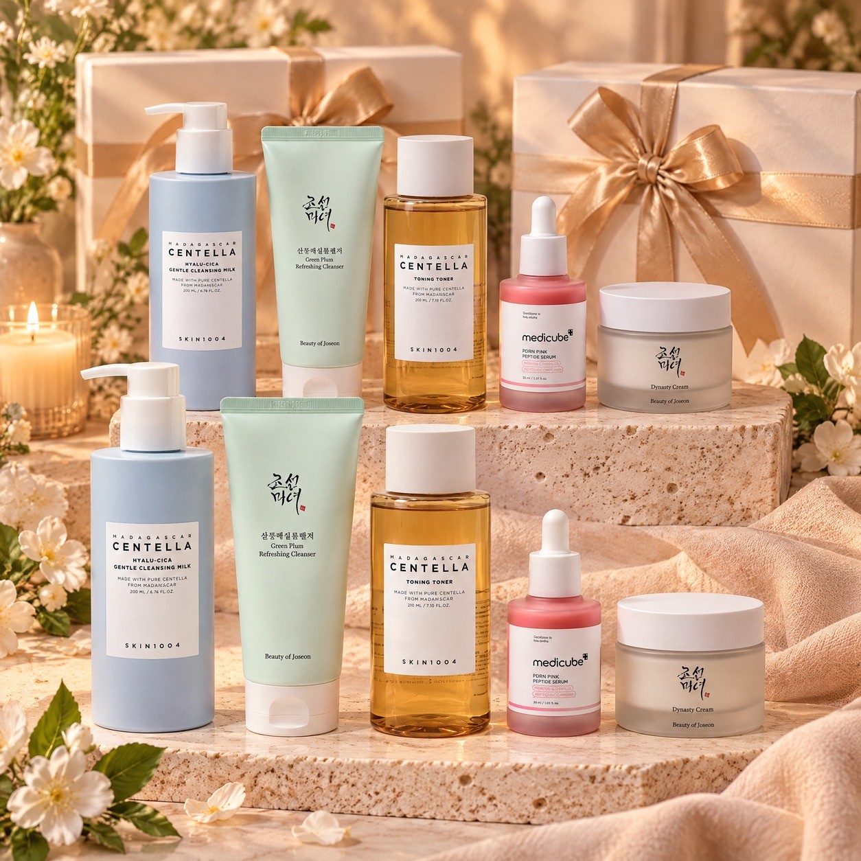 Deux Rituels du Soir Fleur de Corée : deux séries des cinq soins et deux coffrets cadeaux blancs.