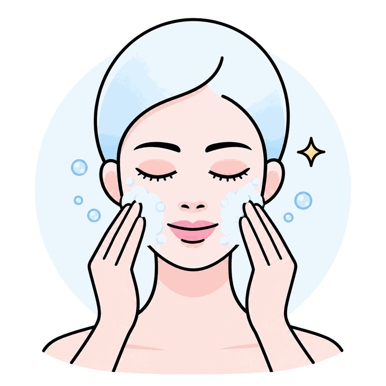Illustration du double nettoyage : femme massant doucement son visage avec une mousse légère.