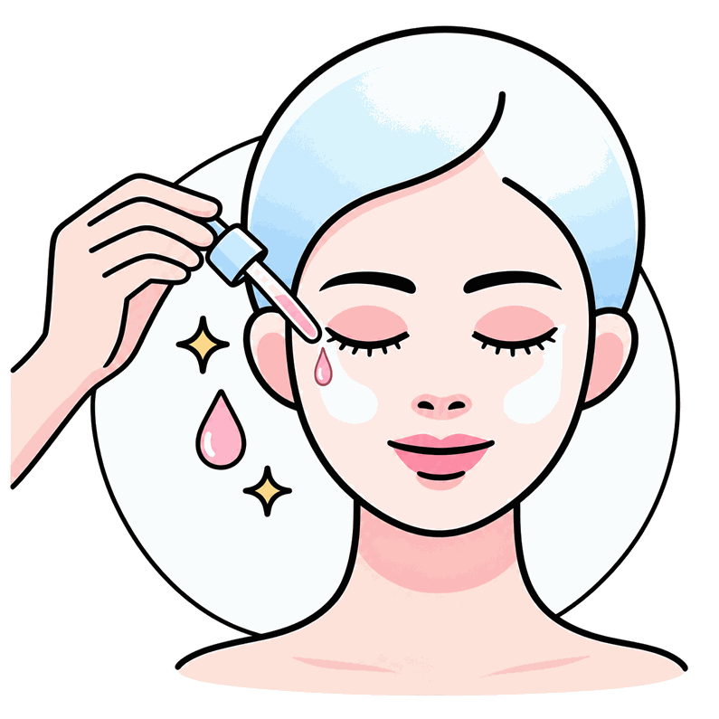 Illustration du sérum : goutte de sérum déposée sur la joue à l'aide d'une pipette.