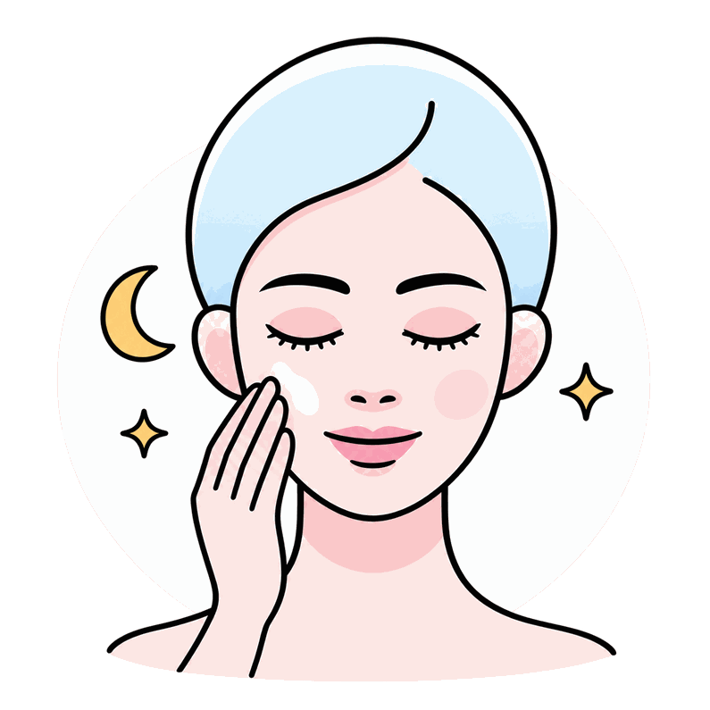 Illustration de la crème du soir : femme appliquant la crème sur sa joue, avec une lune et des étoiles.