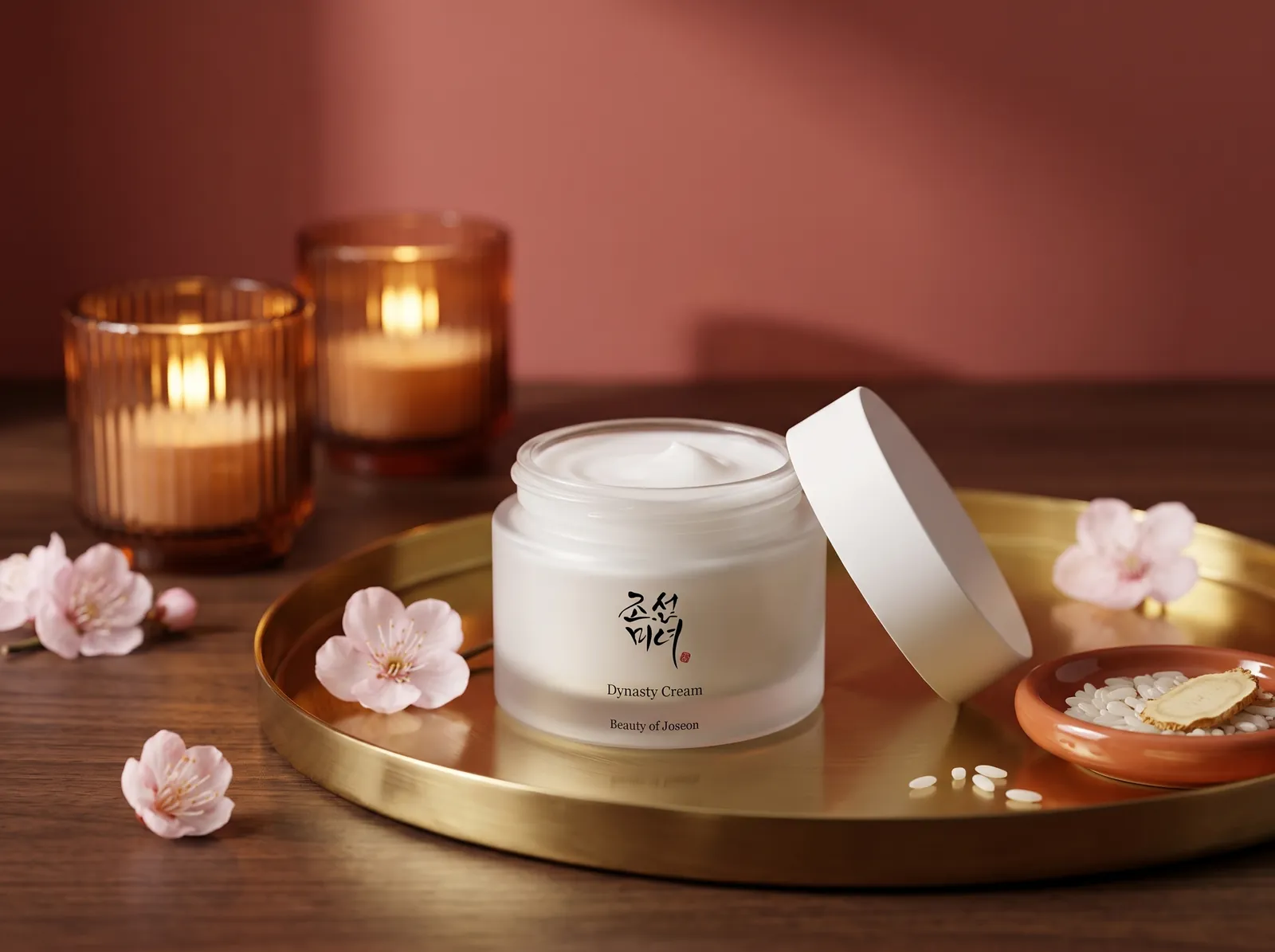 Pot de crème Beauty of Joseon Dynasty Cream ouvert sur un plateau en laiton, avec bougies, fleurs de prunier, riz et ginseng